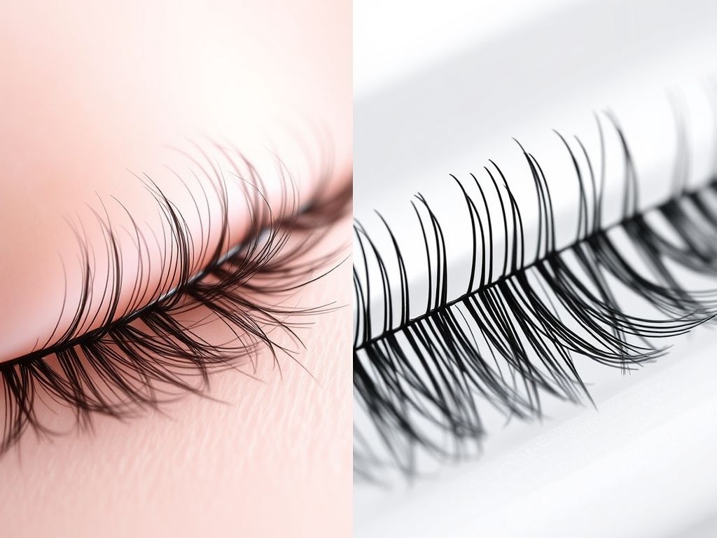 Imagem comparando cílios postiços de mink, com sua textura natural, e cílios sintéticos, com seu brilho e definição.