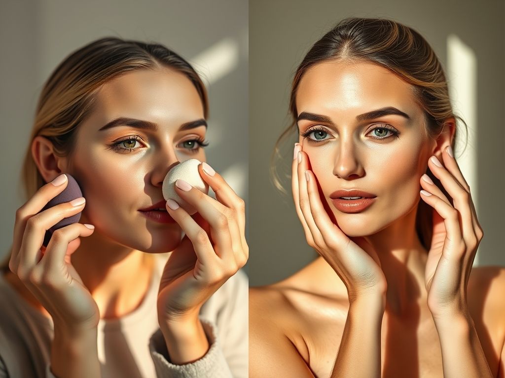 Imagem comparativa mostrando a aplicação de base com esponja e protetor solar com cor com os dedos, ilustrando a diferença na cobertura e no aspecto final da pele.