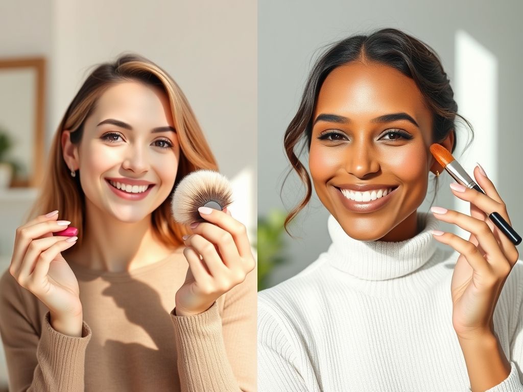 Comparação entre a aplicação de blush matte em pele clara e blush cintilante em pele média, mostrando os diferentes pincéis e acabamentos.