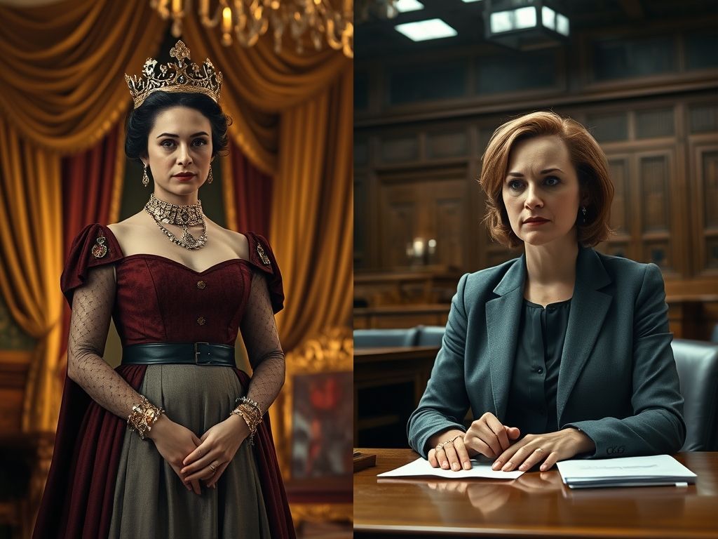 Imagem dividida mostrando a Rainha Elizabeth II de 'The Crown' e Kim Wexler de 'Better Call Saul', representando diferentes tipos de protagonistas femininas fortes.
