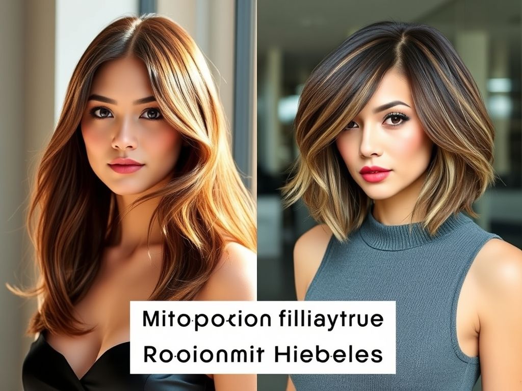 Comparativo de cortes de cabelo para rostos redondos: cabelo longo com franja lateral e bob em camadas.