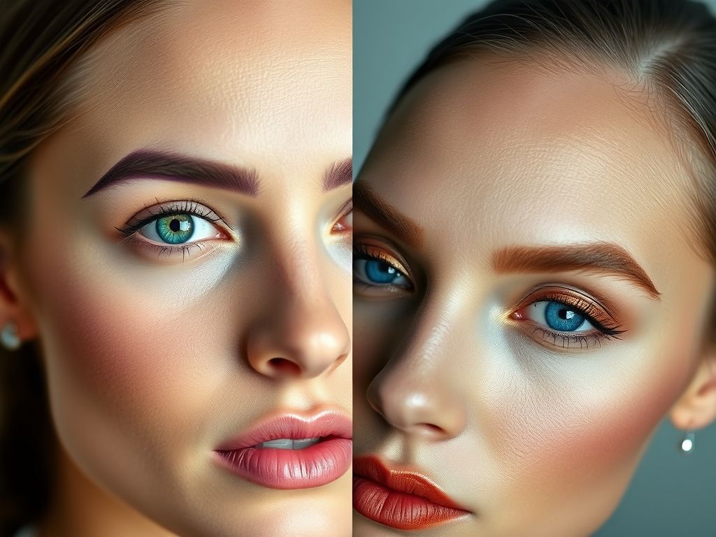 Comparação de delineados: olho verde com delineado roxo e olho azul com delineado bronze.