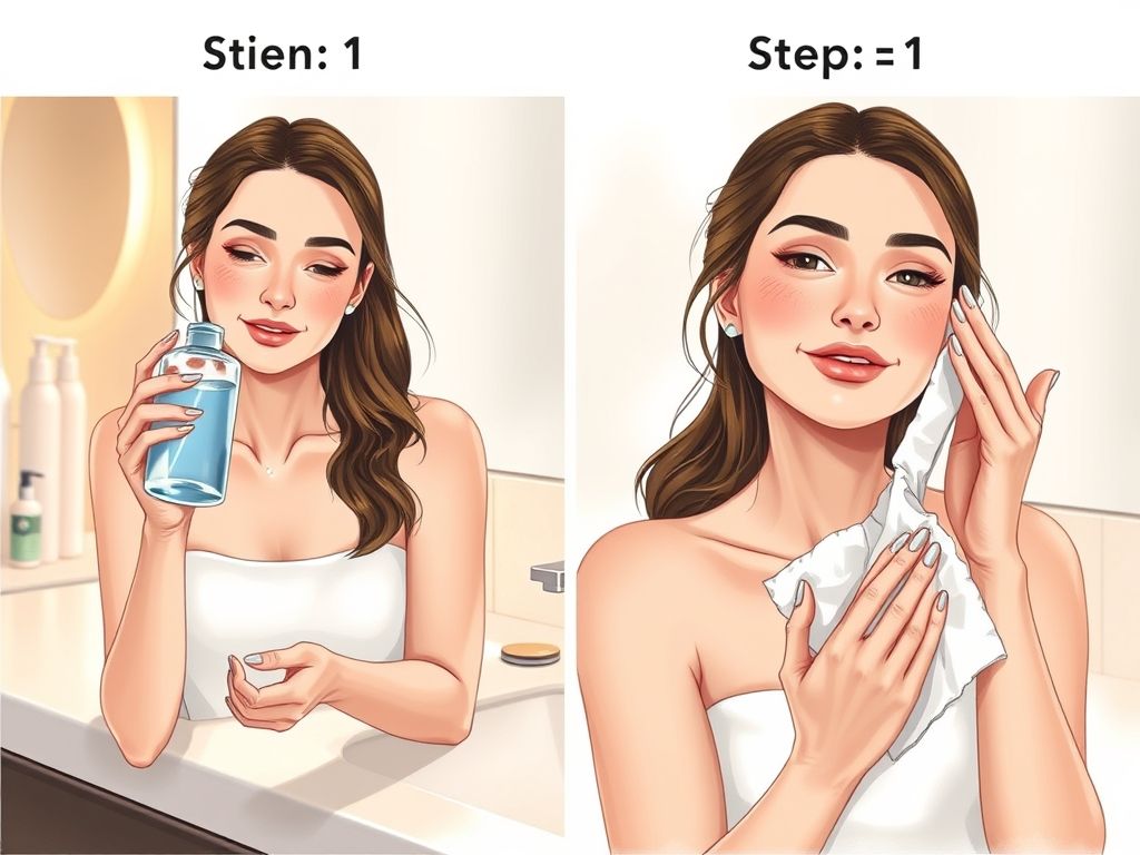 Ilustração passo a passo de como usar água micelar: aplicar no algodão, limpar o rosto e o resultado de pele limpa e fresca.