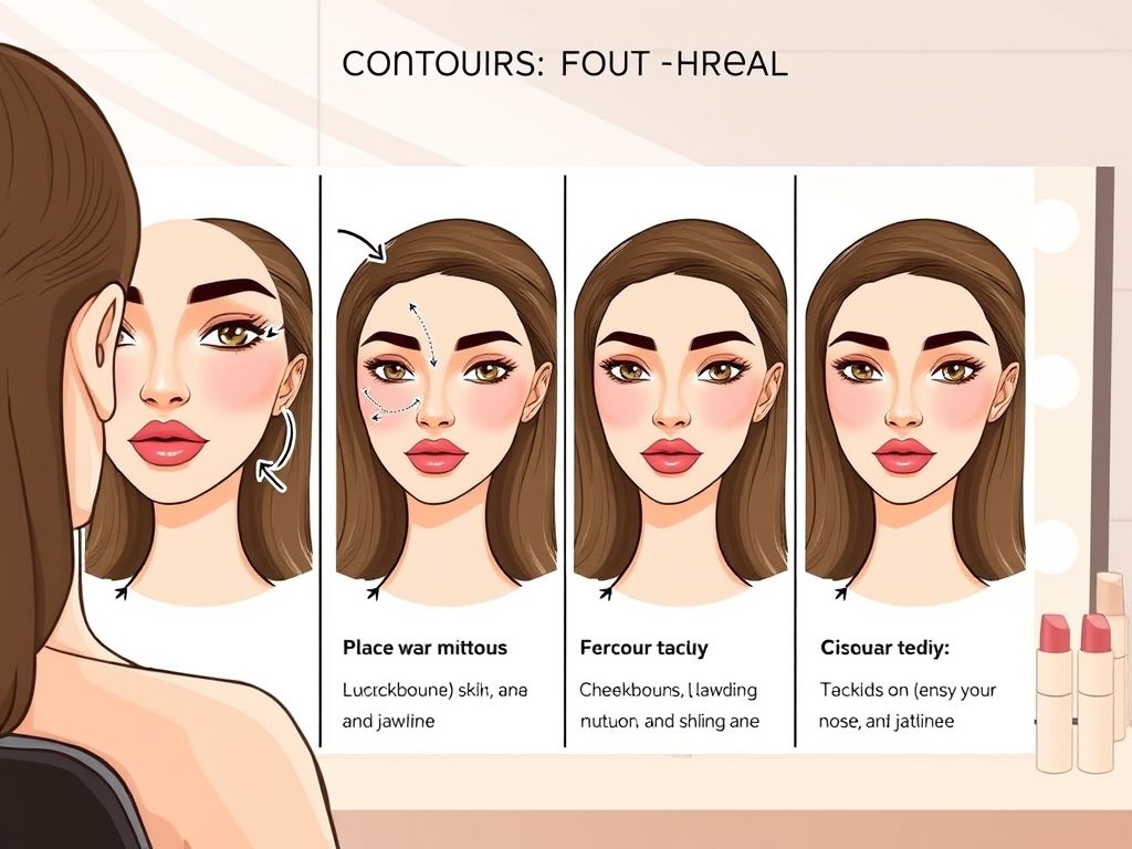 Ilustração passo a passo mostrando a aplicação do contorno em bastão no rosto.