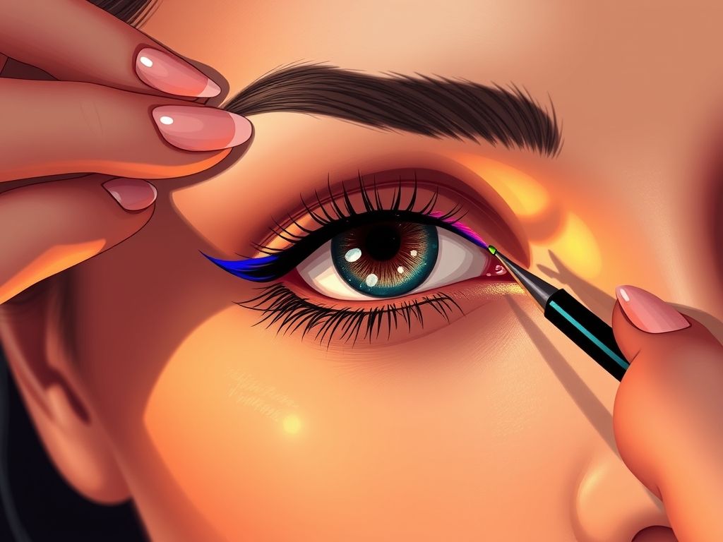 Ilustração passo a passo de como fazer um delineado gatinho rosa com lápis de olho colorido.