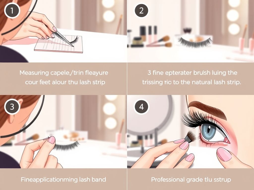 Ilustração passo a passo de como aplicar cílios postiços: medindo e cortando, aplicando a cola, posicionando com pinça e finalizando com máscara.