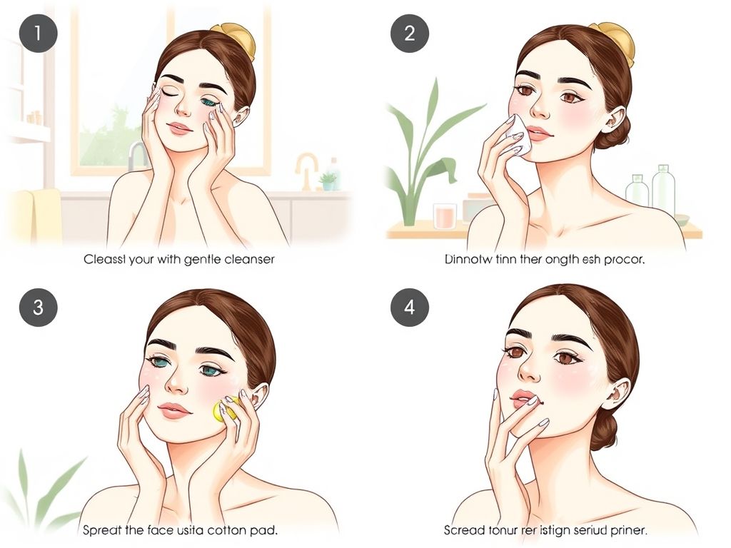 Ilustração passo a passo de como aplicar sérum primer para uma maquiagem perfeita.