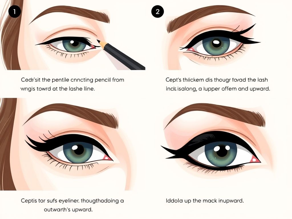 Ilustração passo a passo de como aplicar lápis de olho preto para um delineado gatinho perfeito.