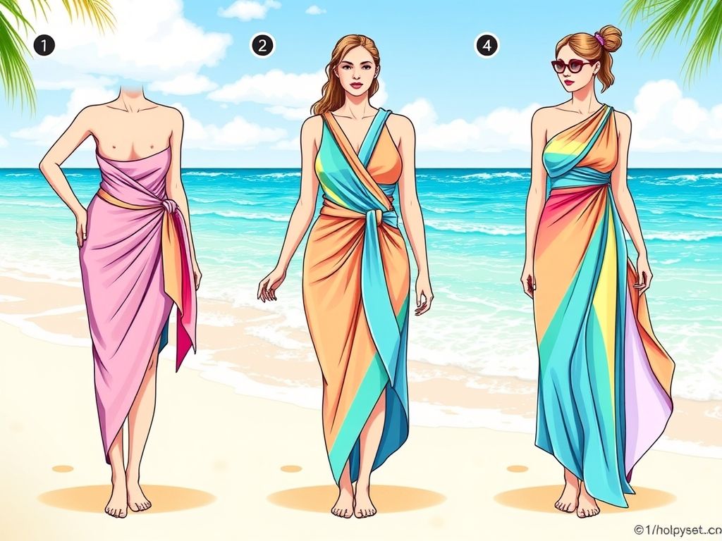 Ilustração passo a passo mostrando três maneiras diferentes de amarrar uma saia pareô.