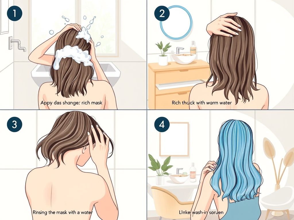 Ilustração passo a passo de como usar produtos para cabelos danificados: lavagem com shampoo, aplicação de máscara, enxágue com condicionador e aplicação de leave-in.