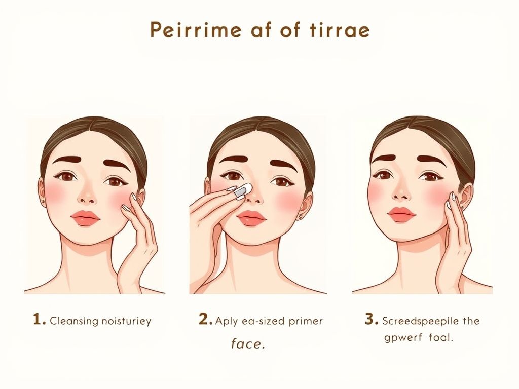 Ilustração passo a passo de como aplicar primer facial corretamente.