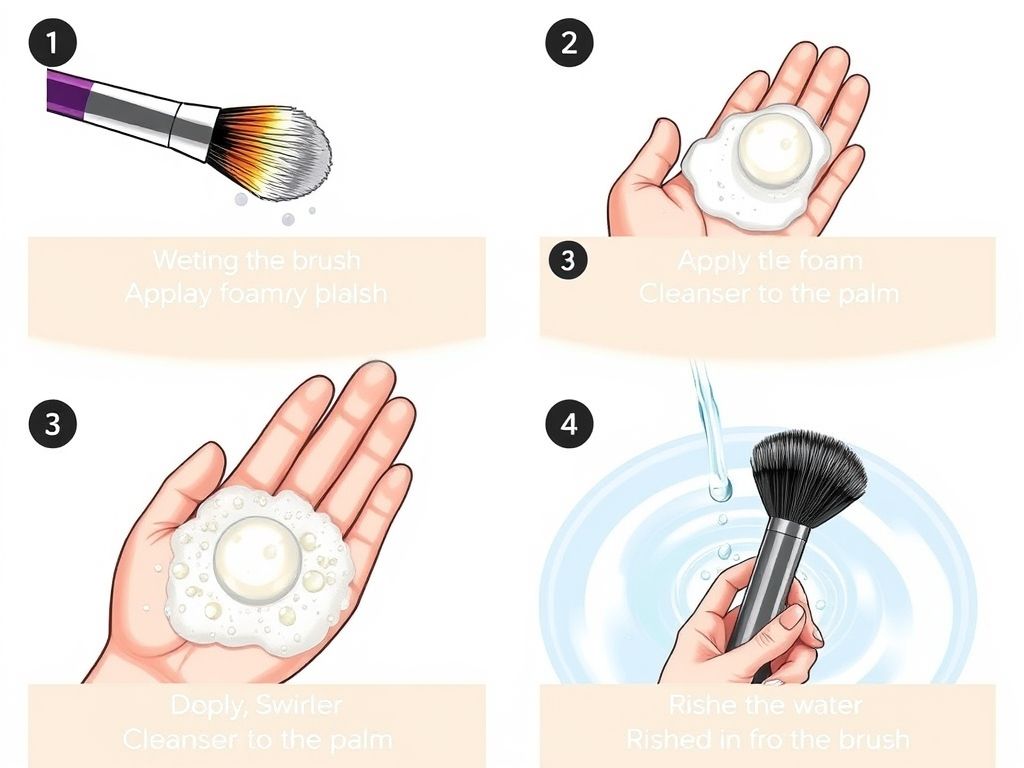 Passo a passo ilustrado de como limpar pincéis de maquiagem: molhar, aplicar limpador, esfregar e enxaguar.