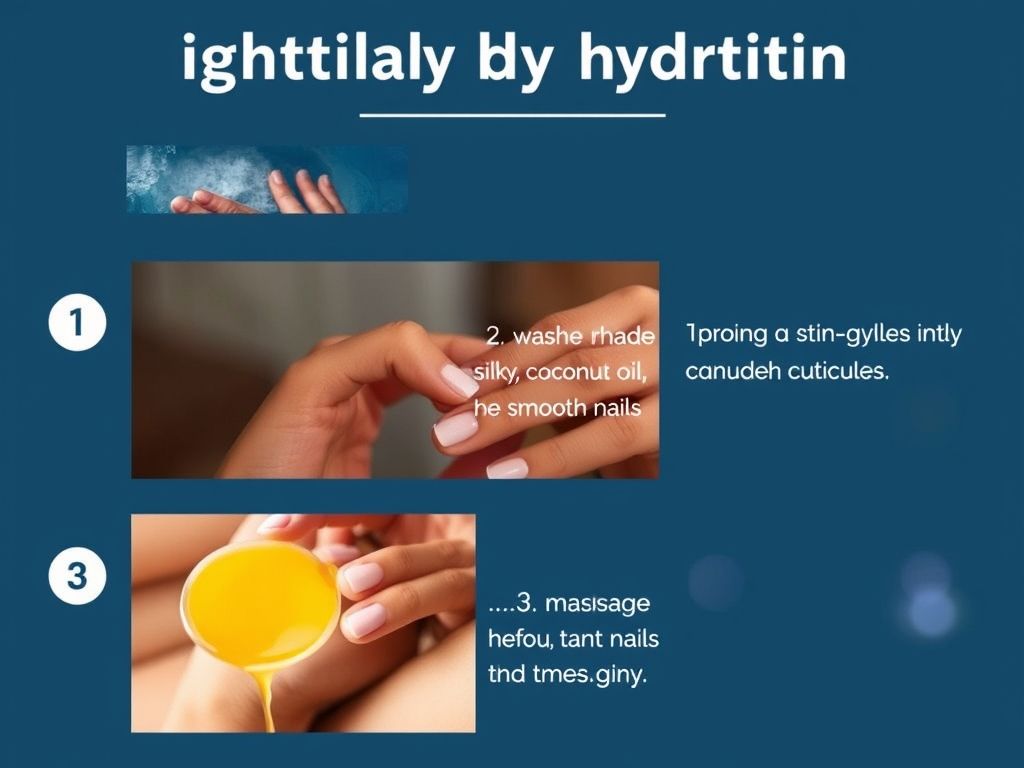 Guia visual passo a passo da rotina de hidratação noturna das unhas com óleo de coco.