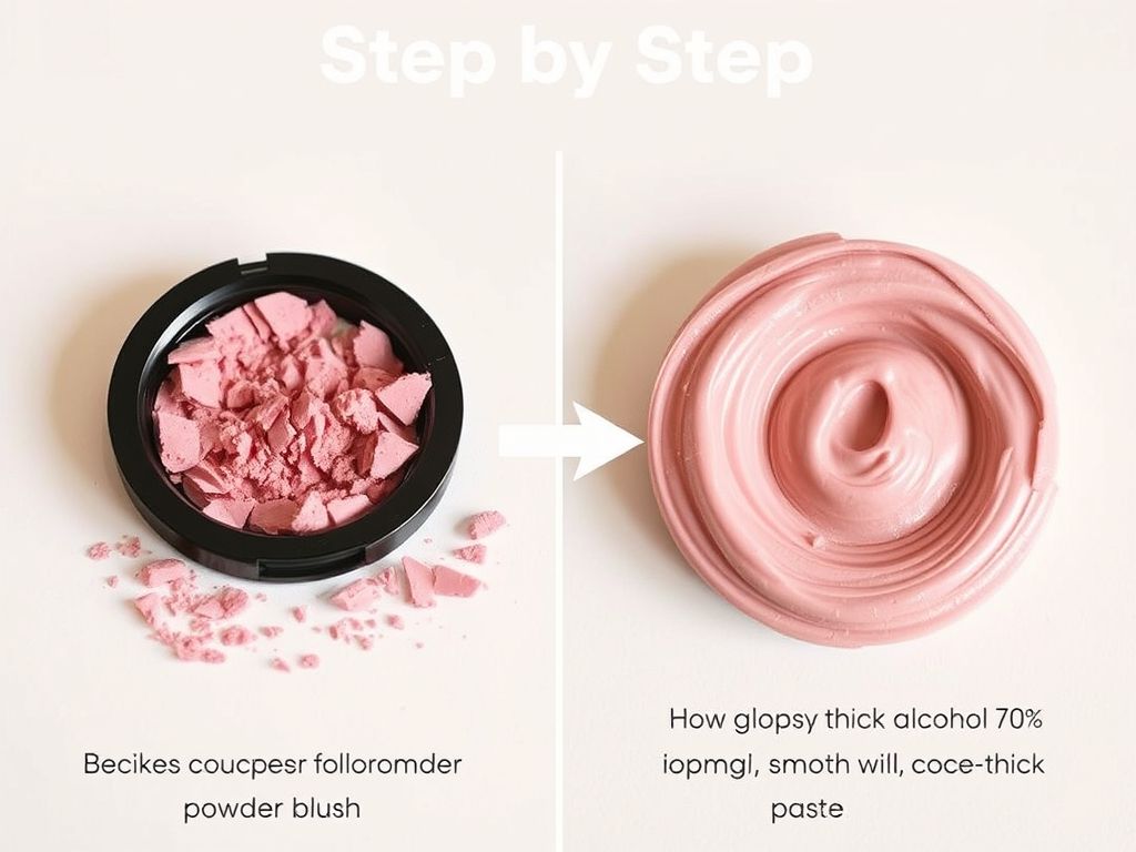 Guia visual passo a passo mostrando como consertar um blush em pó quebrado usando álcool 70%.