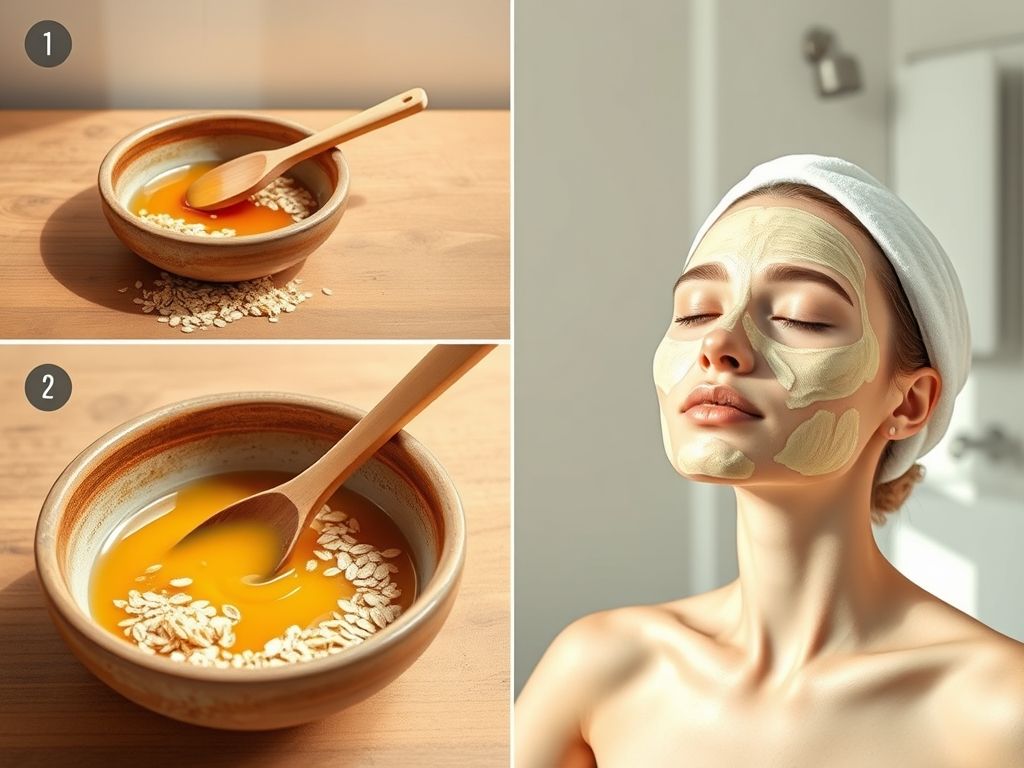 Guia visual passo a passo de como fazer uma máscara facial caseira de mel e aveia.