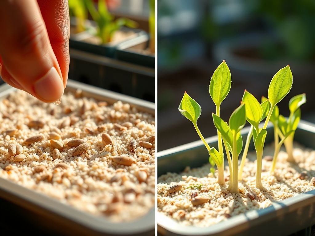 Comparação entre sementes de endro sendo semeadas e mudas jovens germinando em uma bandeja.