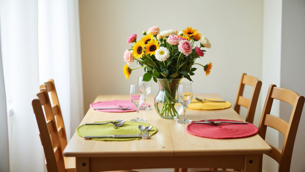 A cozy 4-seater dining table styled for everyday use, featuring a simple vase of flowers and Mesa de jantar 4 lugares decorada para o dia a dia com flores e jogos americanos.