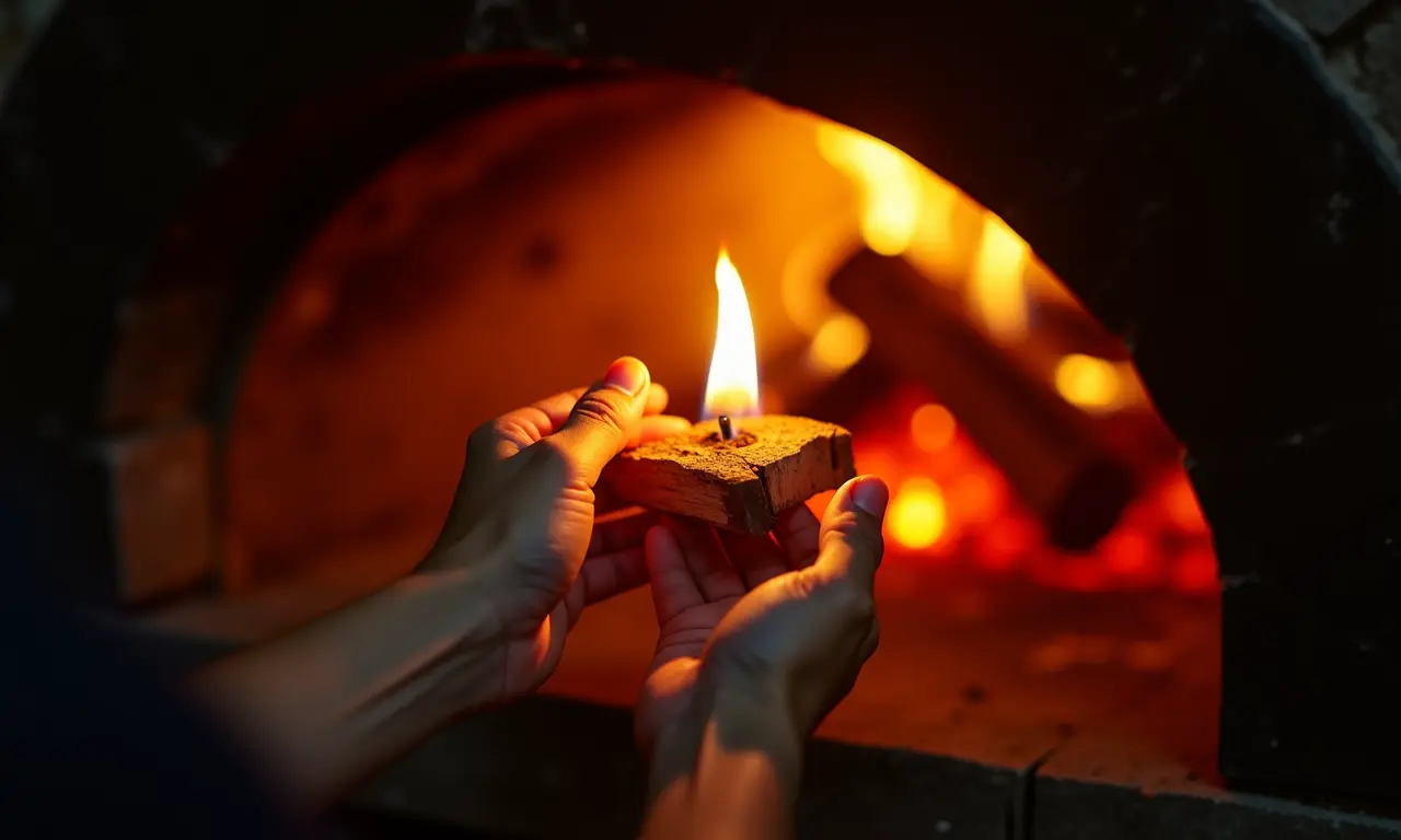 Acendendo um forno a lenha com lenha pequena.