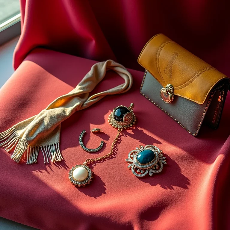 Acessórios coloridos dispostos sobre uma superfície de veludo, representando o toque final de alegria no look.