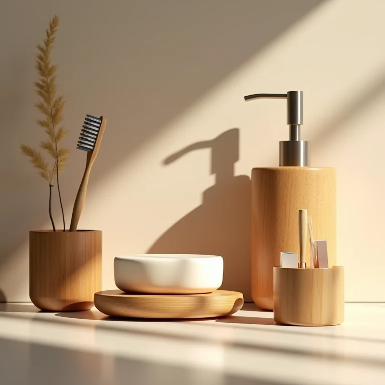 Acessórios de madeira em um banheiro.