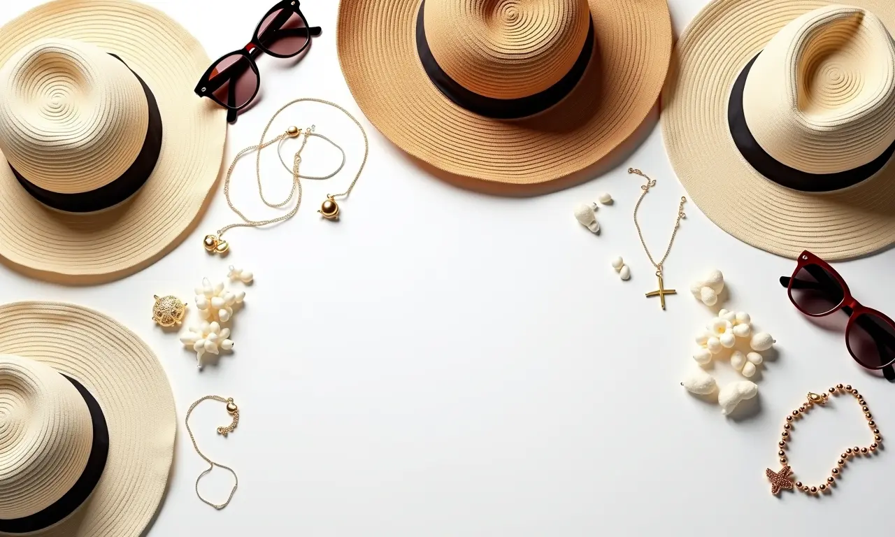 Acessórios de praia: chapéus, óculos de sol e joias, verão 2025.
