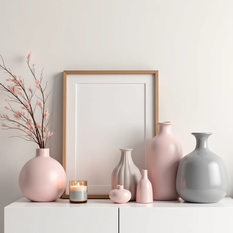 Acessórios decorativos cinza e rosa.