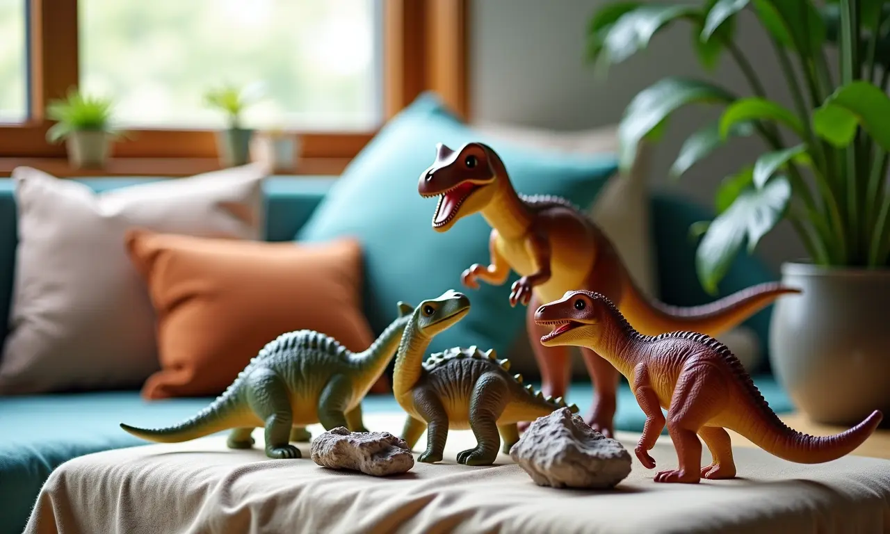 Acessórios decorativos com tema de dinossauros em quarto infantil.