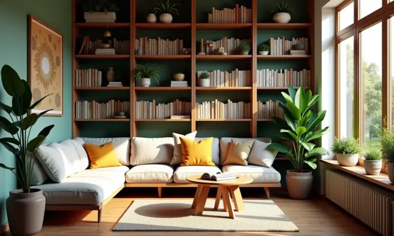 Aconchegante cantinho de leitura com estantes estilosas, luz natural e decoração brasileira.
