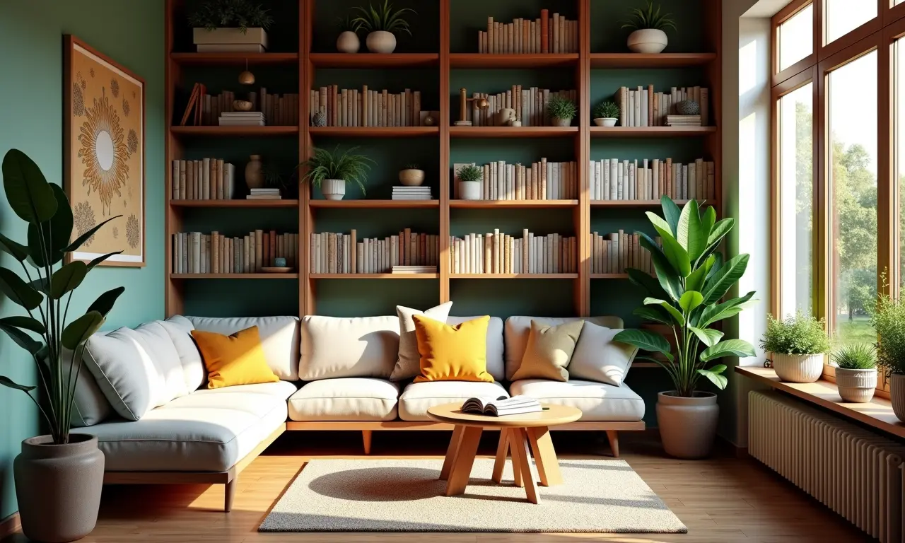 Aconchegante cantinho de leitura com estantes estilosas, luz natural e decoração brasileira.