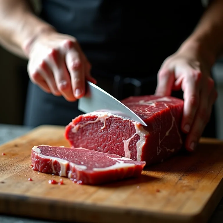 Açougueiro cortando uma picanha argentina com precisão.
