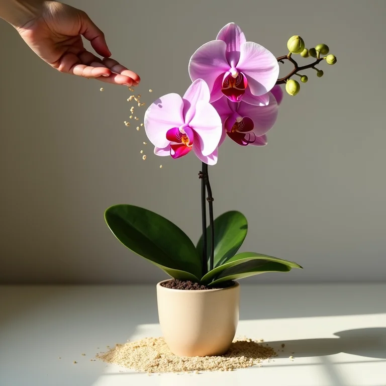 Adubando orquídea com fertilizante específico.