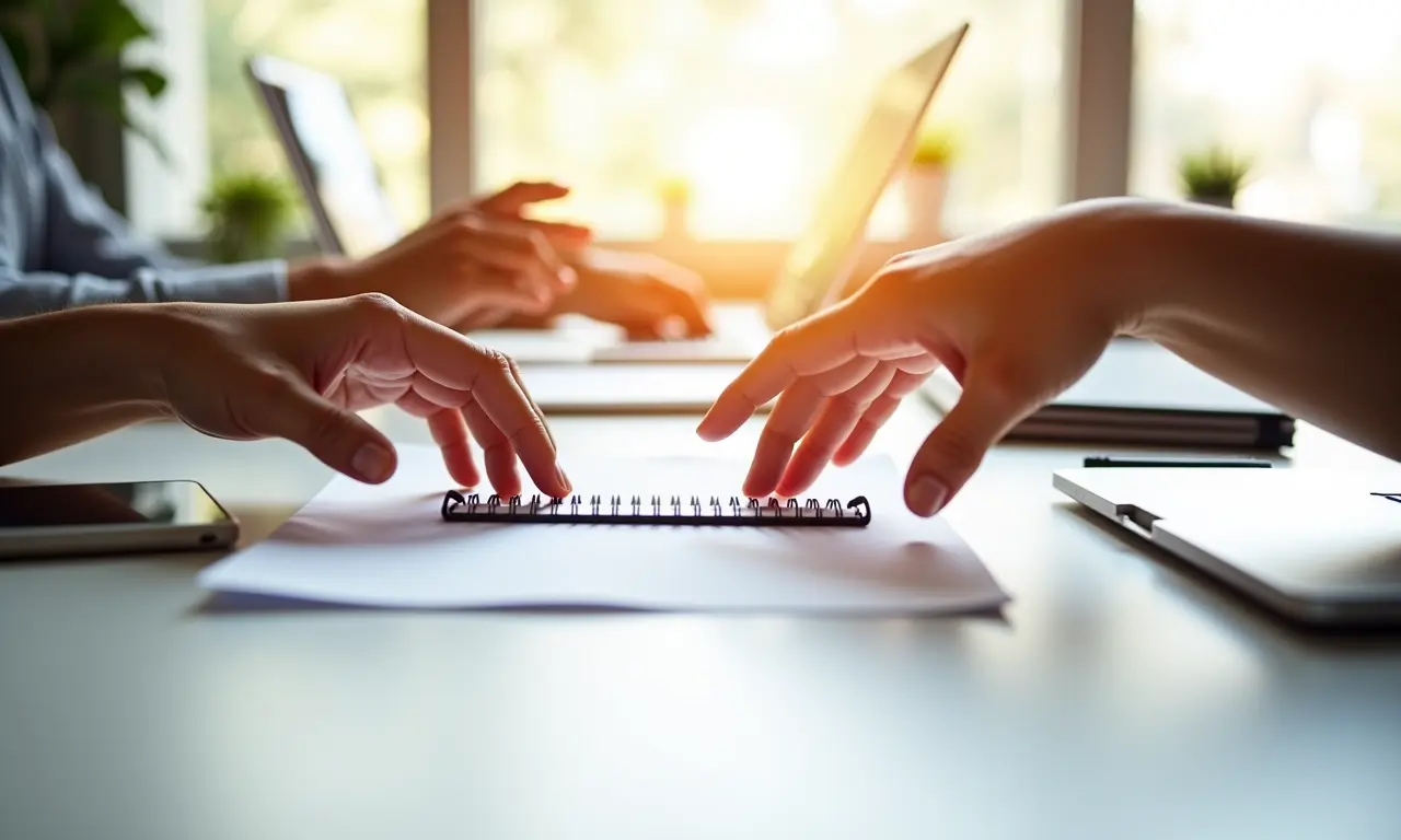 Agenda aberta em mesa minimalista, simbolizando mais tempo livre.