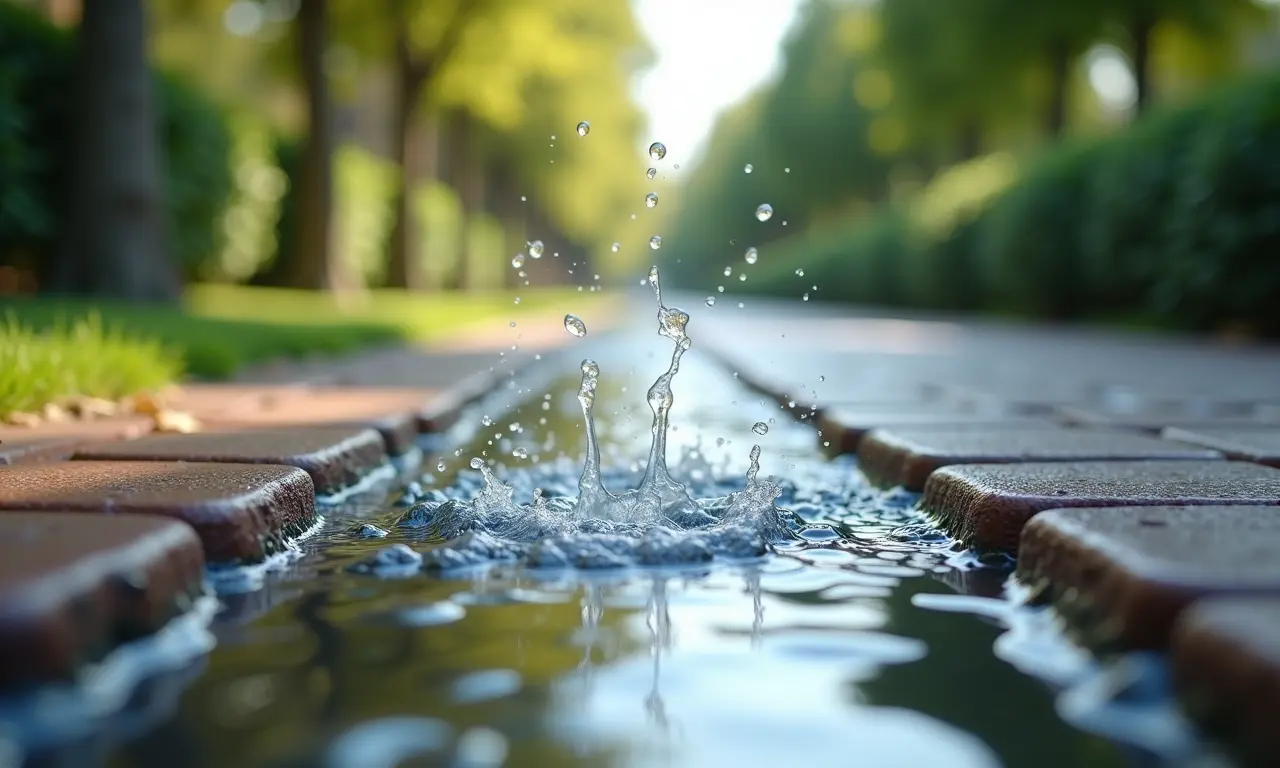 Água escorrendo facilmente pelo piso drenante, mantendo-o limpo.