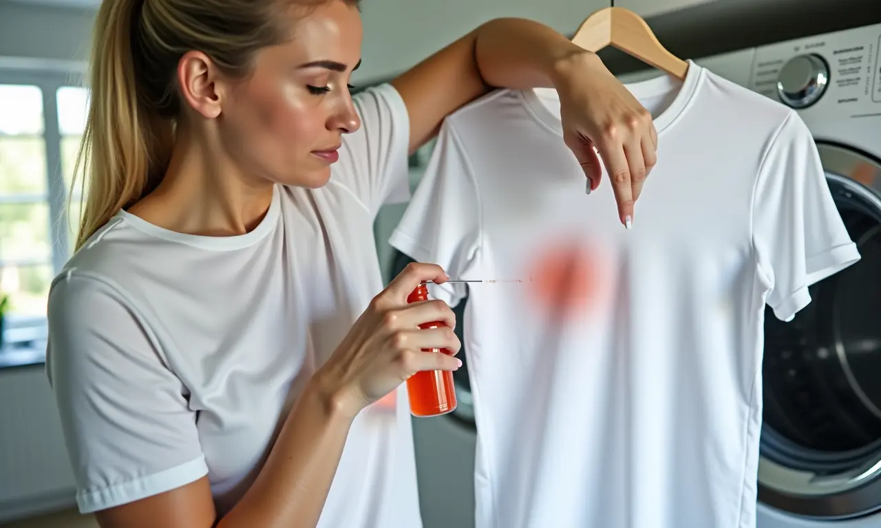Água oxigenada sendo aplicada em mancha persistente em camisa.