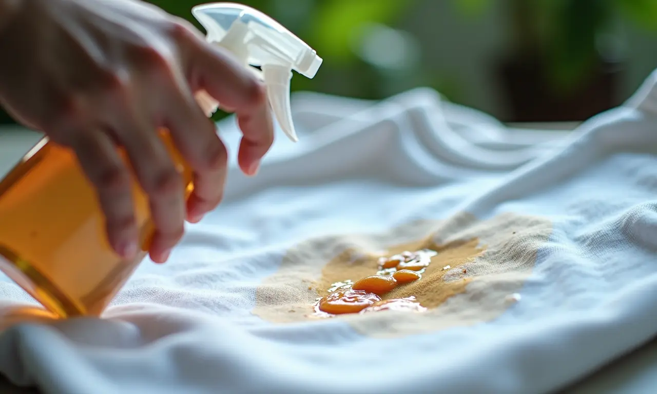 Água oxigenada sendo borrifada em mancha de tecido.