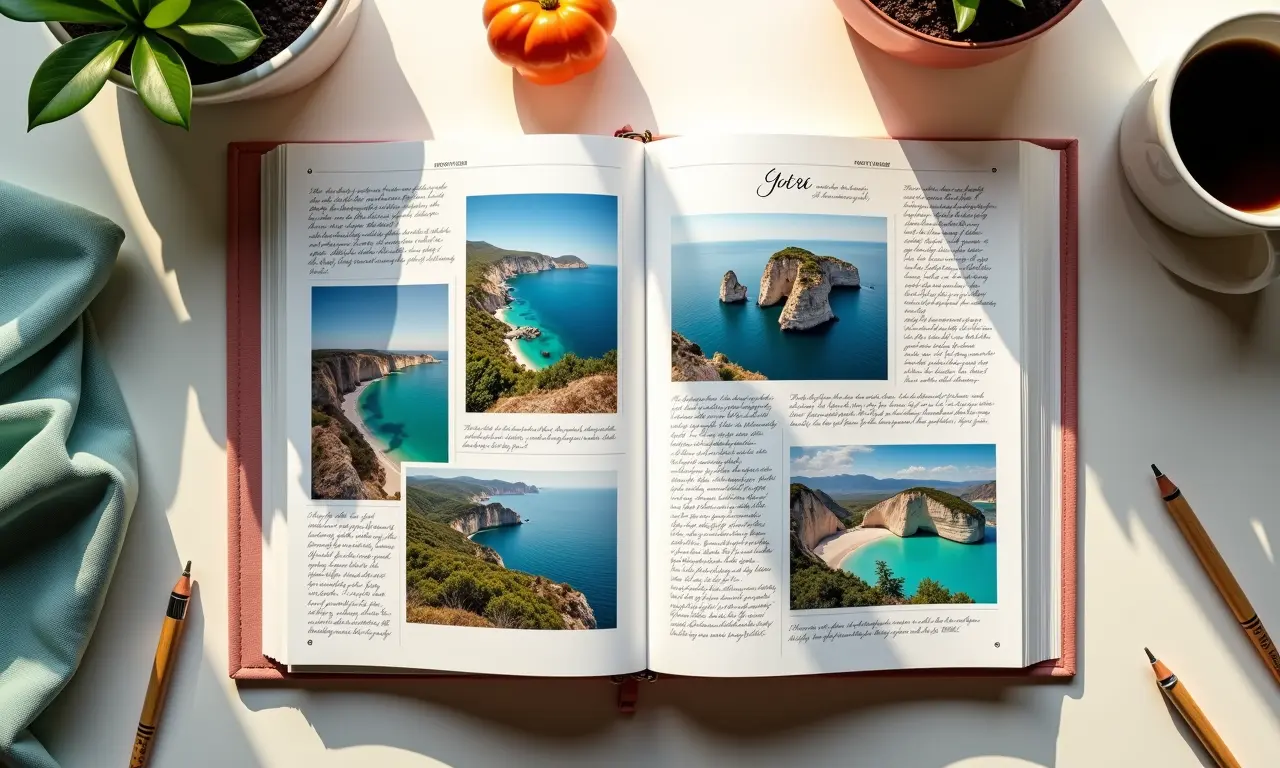 Álbum de fotos scrapbook aberto com lembranças de viagens.