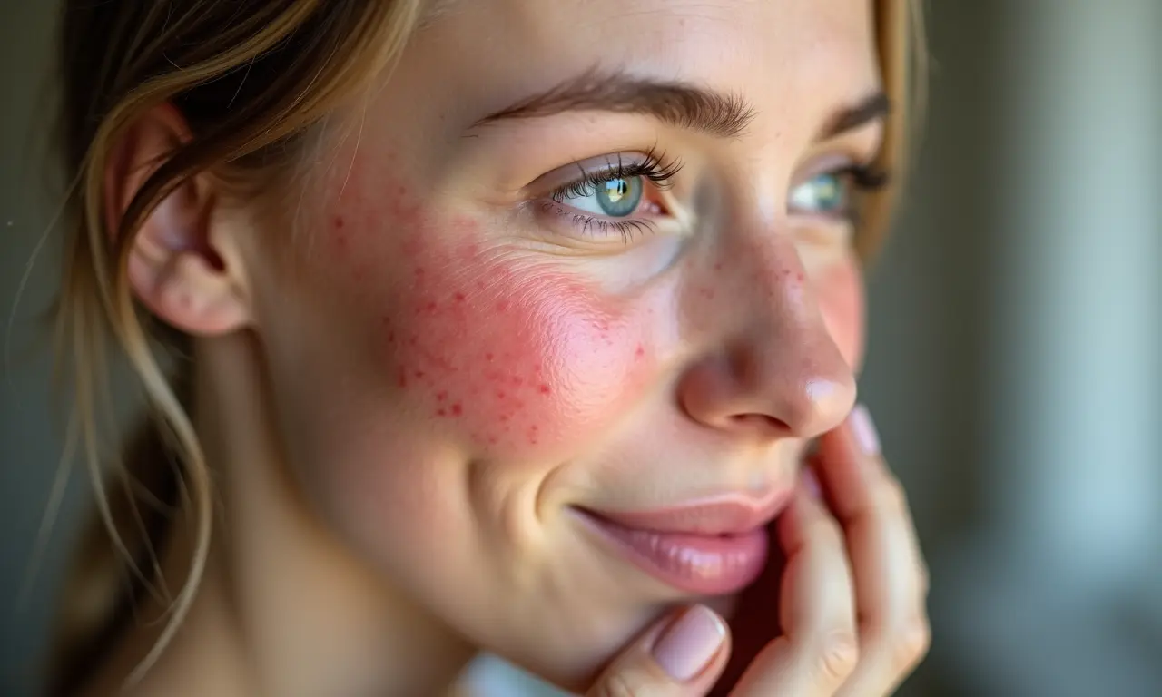 Alívio da rosácea com creme probiótico, mostrando pele menos vermelha.