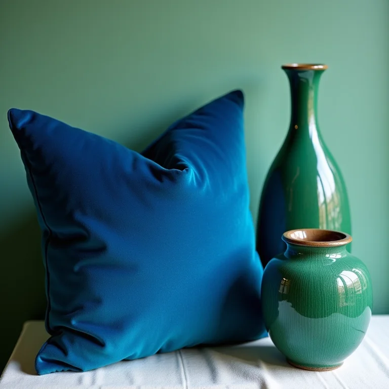 Almofada azul cobalto e vaso verde esmeralda