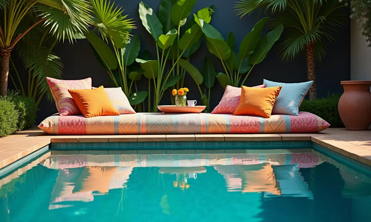 Almofadas e acessórios coloridos na piscina.