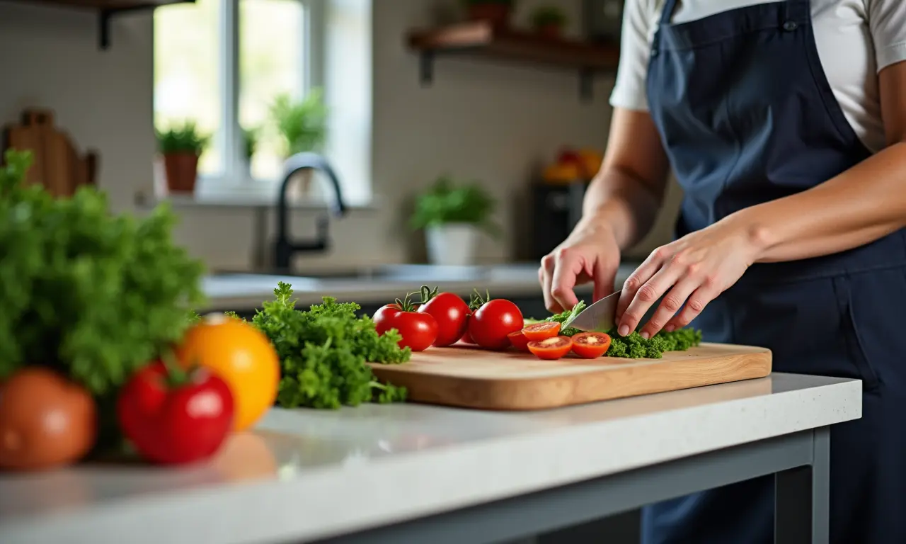 Altura da bancada da ilha pensada para ergonomia e conforto.