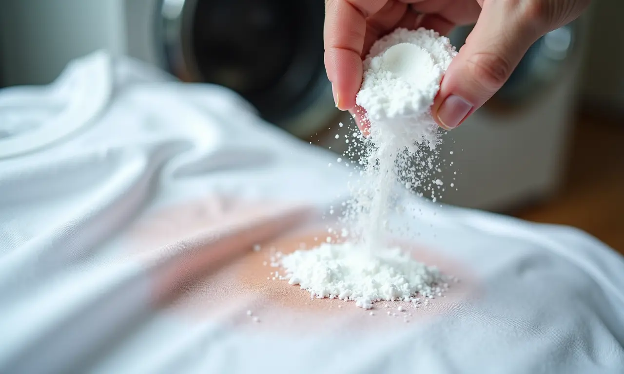 Amido de milho sendo aplicado em mancha de suor recente.