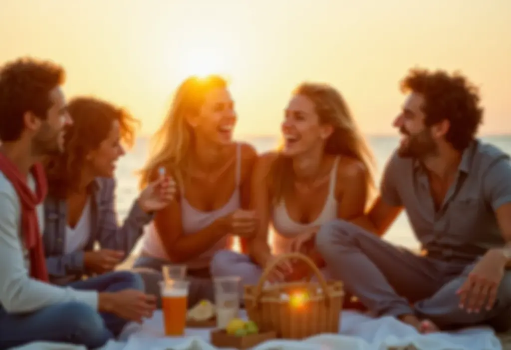 Amigos aproveitando piquenique na praia ao pôr do sol