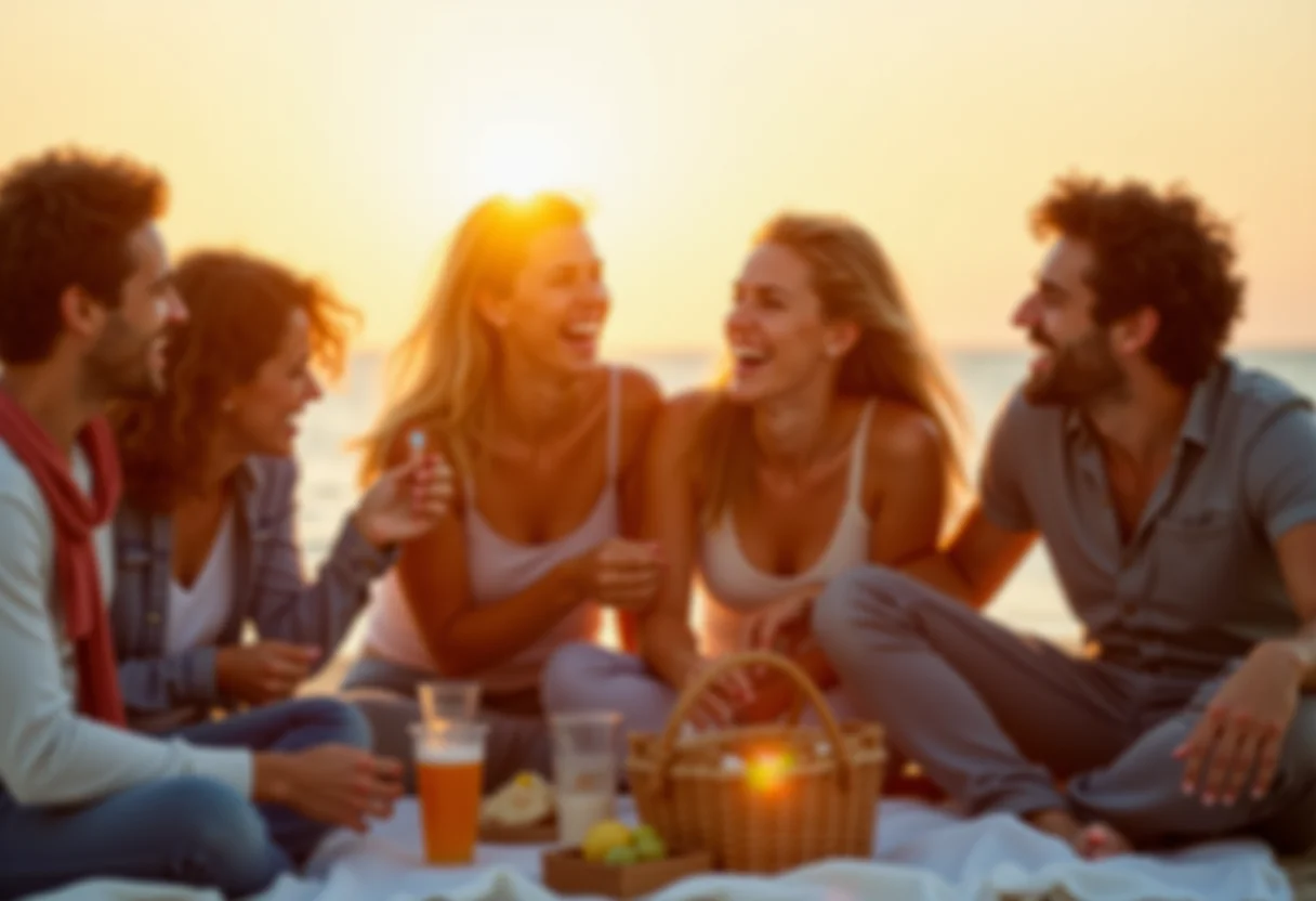 Amigos aproveitando piquenique na praia ao pôr do sol