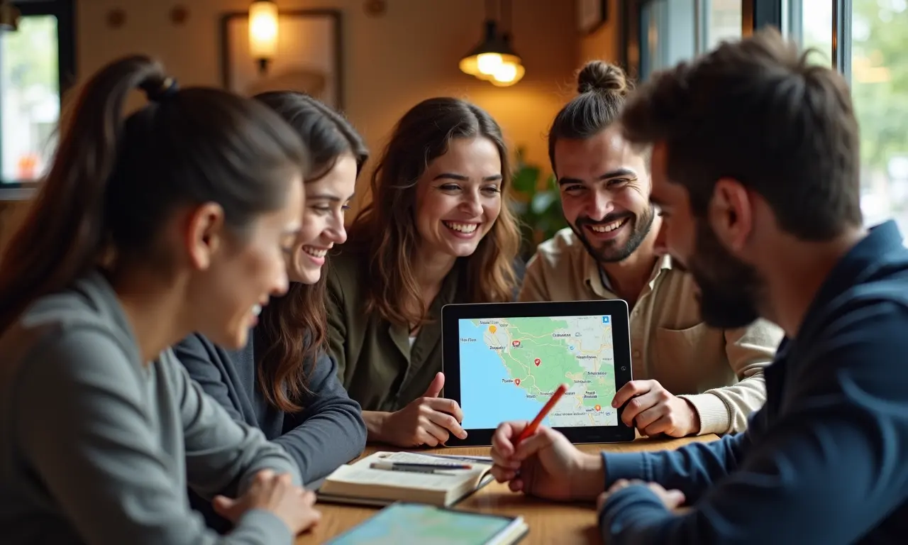 Amigos planejando viagem em café usando Google Maps no tablet.