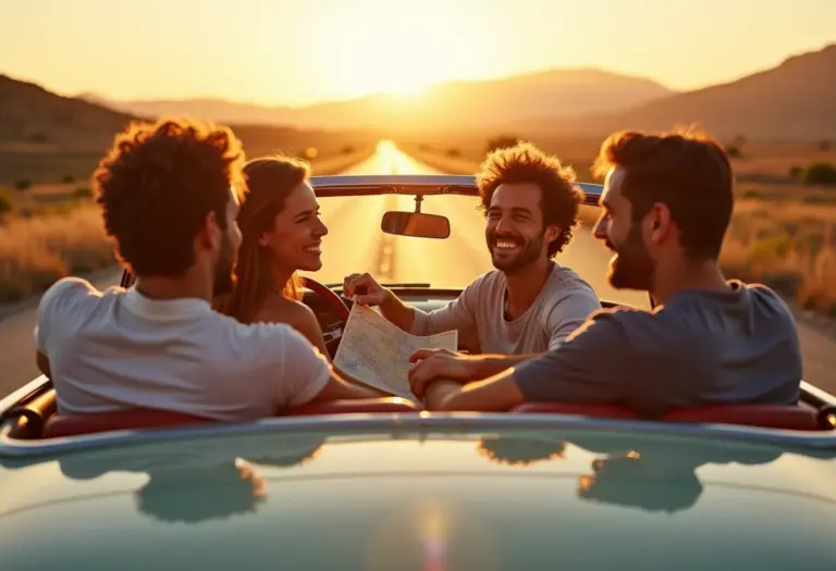 Amigos rindo em um carro conversível durante uma viagem.