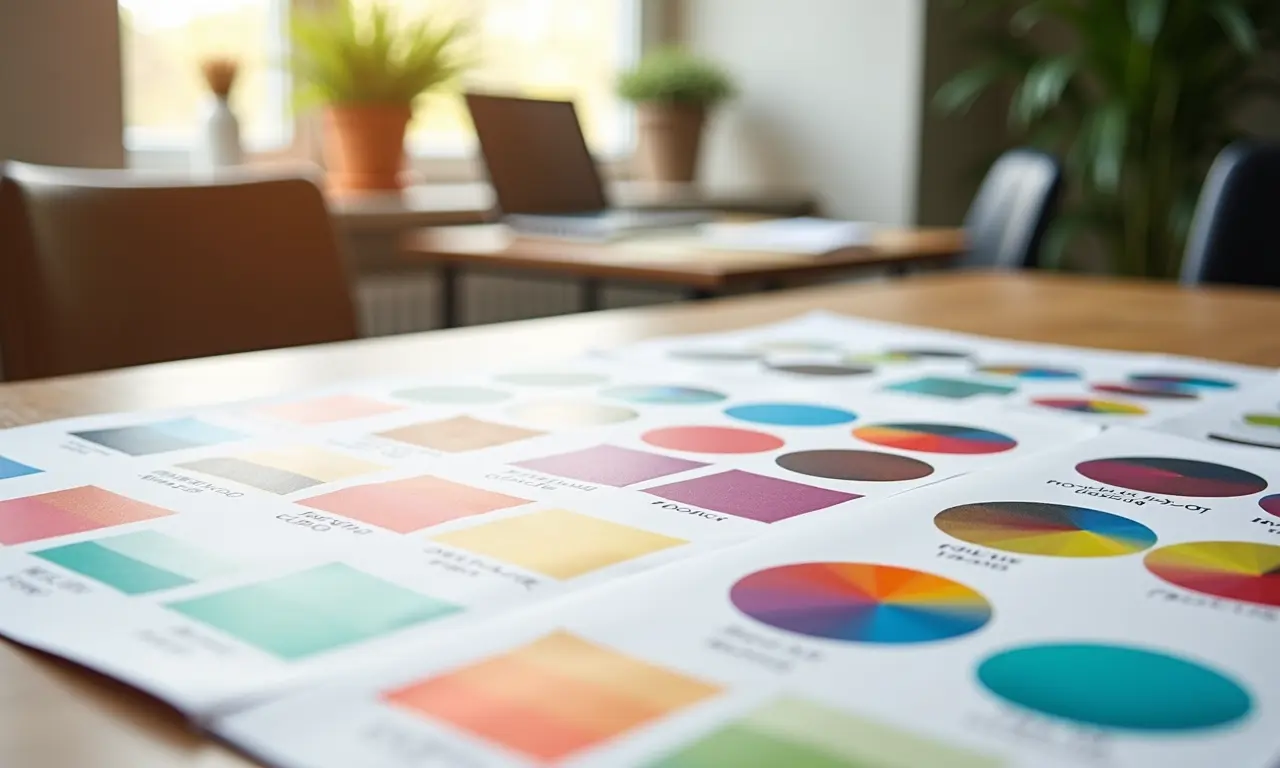 Amostras de paleta de cores e esboços de design de cenário em uma mesa.