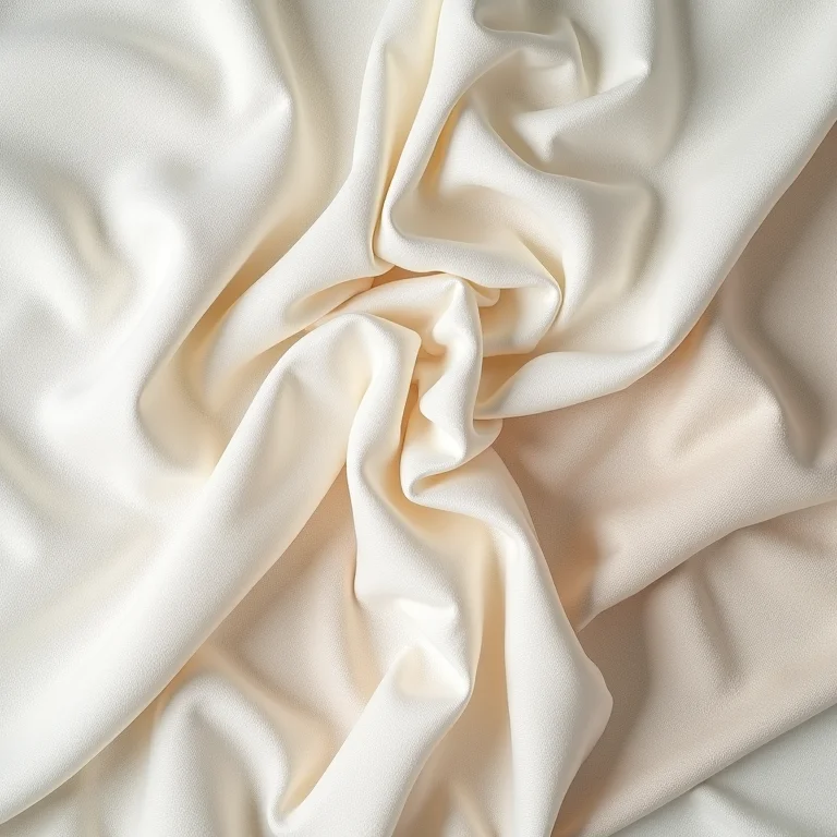 Amostras de tecidos de linho, algodão e seda com diferentes texturas e gramaturas dispostas em um flat lay