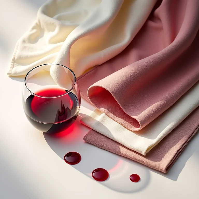 Amostras de tecidos para sofá azul e um copo de vinho derramado