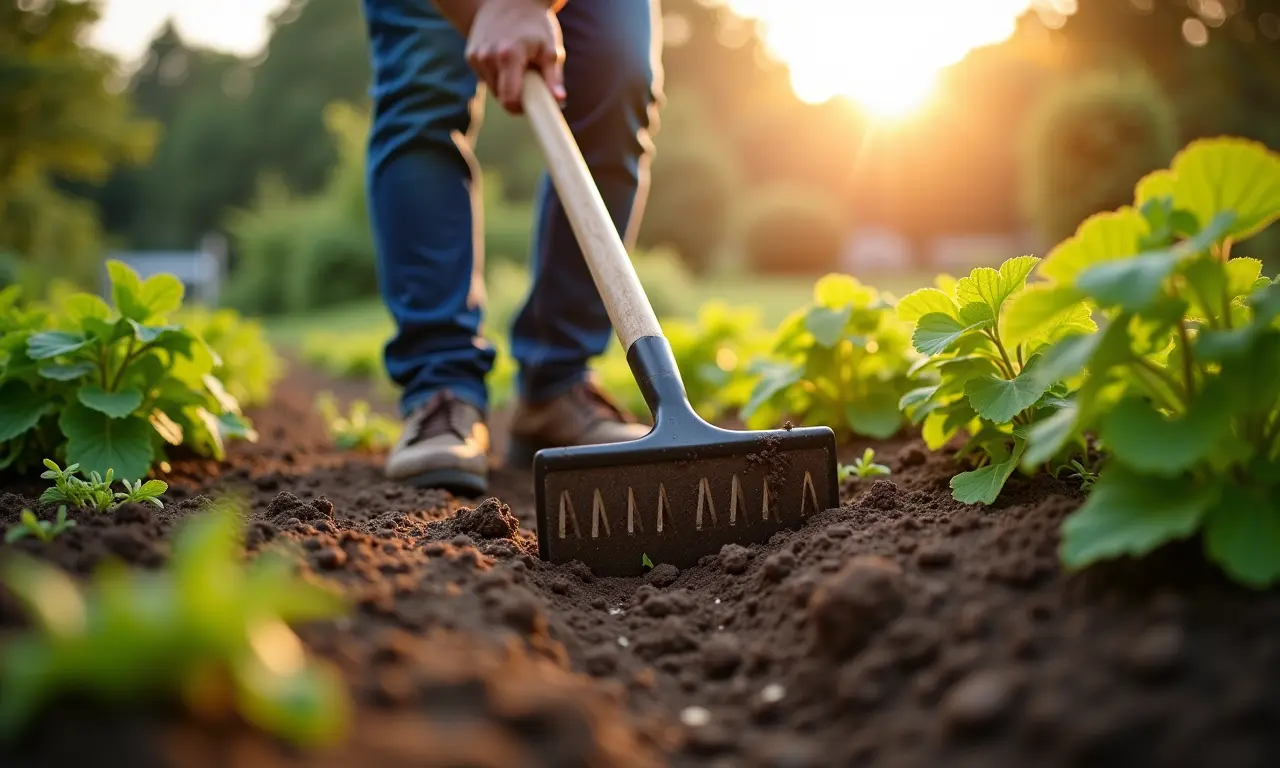 Ancinho nivelando o solo em horta orgânica.