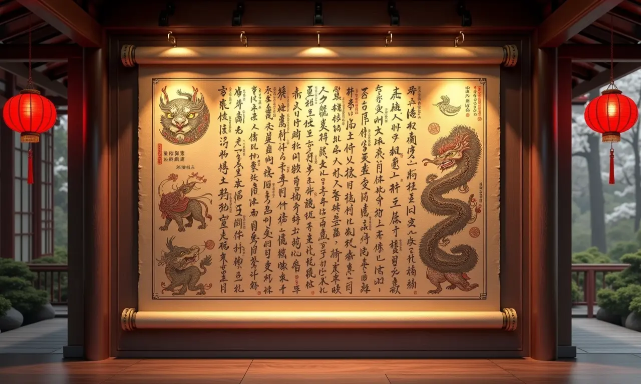 Antigos pergaminhos ilustrando as origens do horóscopo chinês.